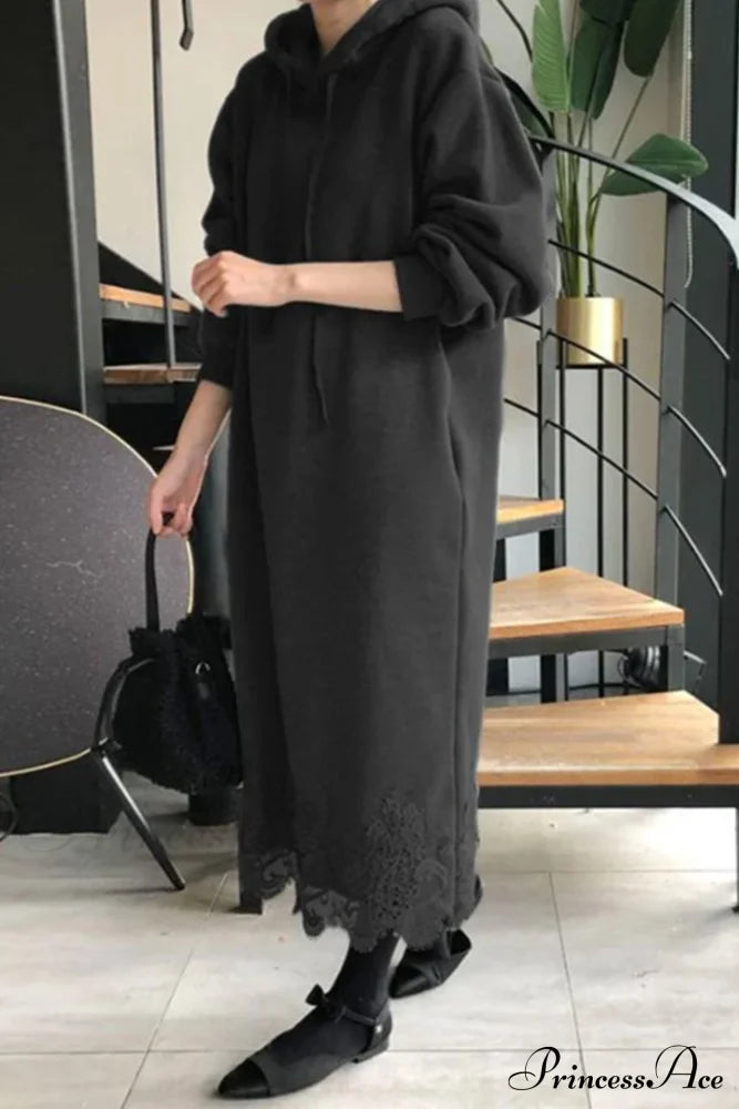 Hoodie Dress With Lace Hem Black / Xl Midi Dresses