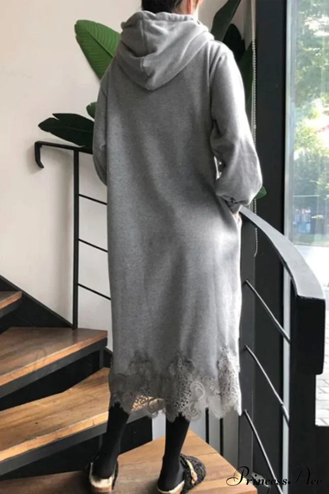 Hoodie Dress With Lace Hem Grey / 4Xl Midi Dresses