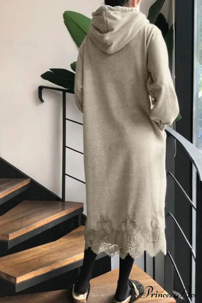 Hoodie Dress With Lace Hem Khaki / 4Xl Midi Dresses