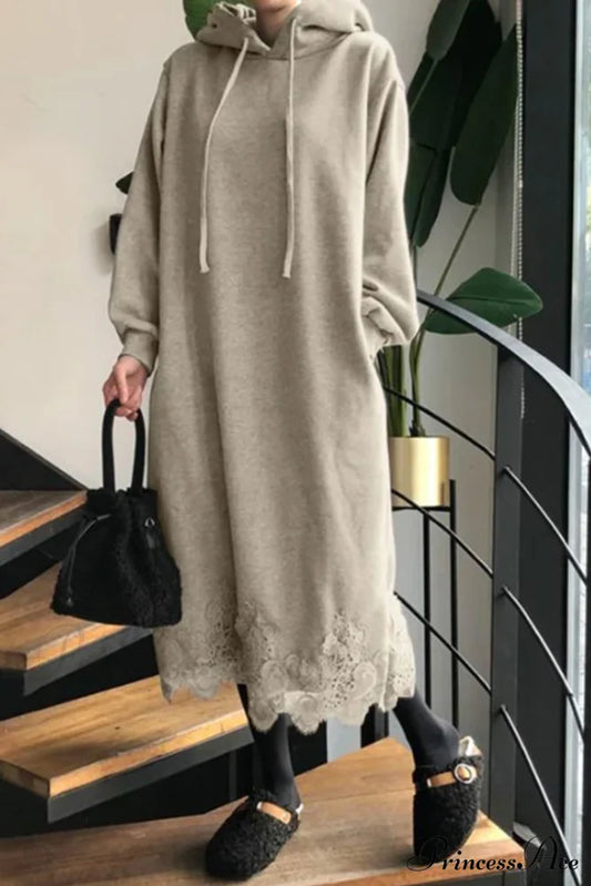 Hoodie Dress With Lace Hem Khaki / S Midi Dresses