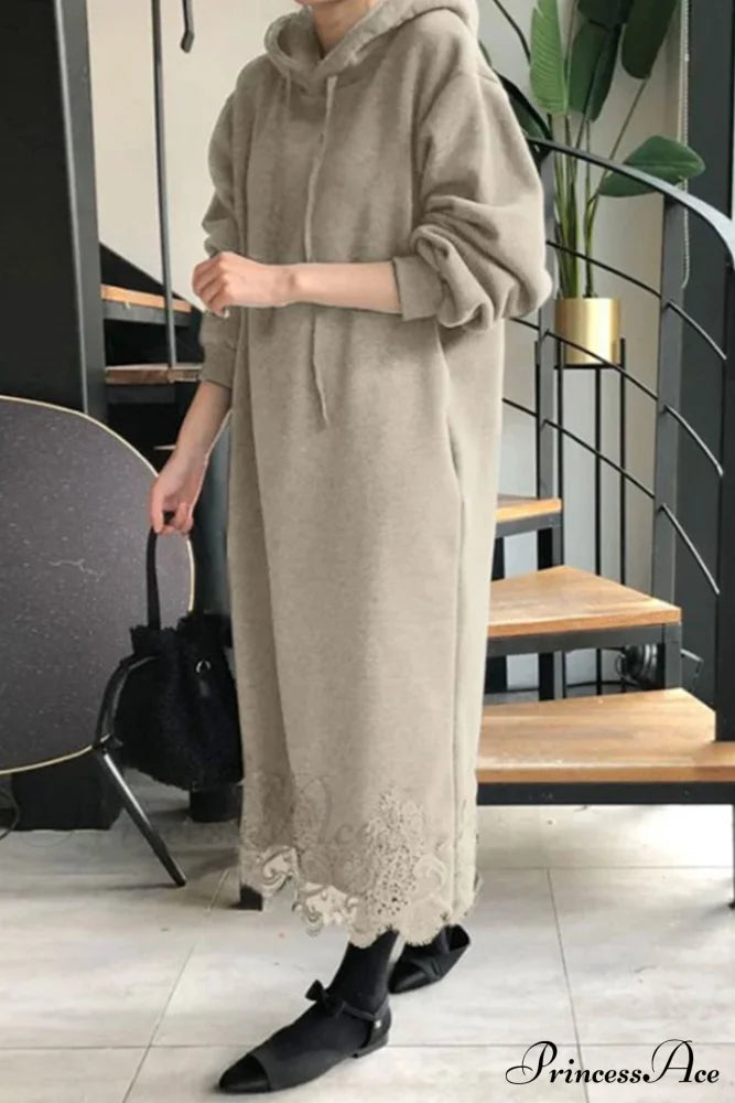 Hoodie Dress With Lace Hem Khaki / Xl Midi Dresses