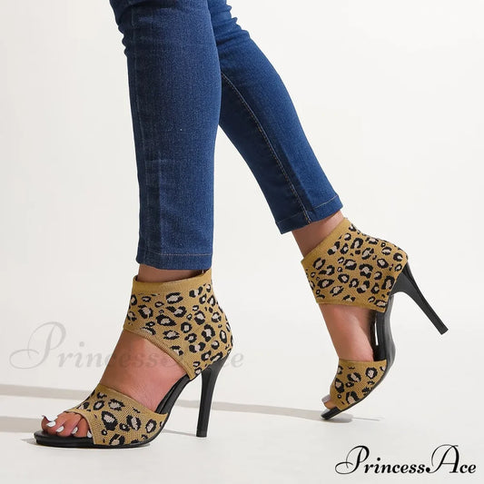 Hot 2024 Spring Summer Designer Knitted Open Toe Sexy Party Leopard Print Stilettos High Heel