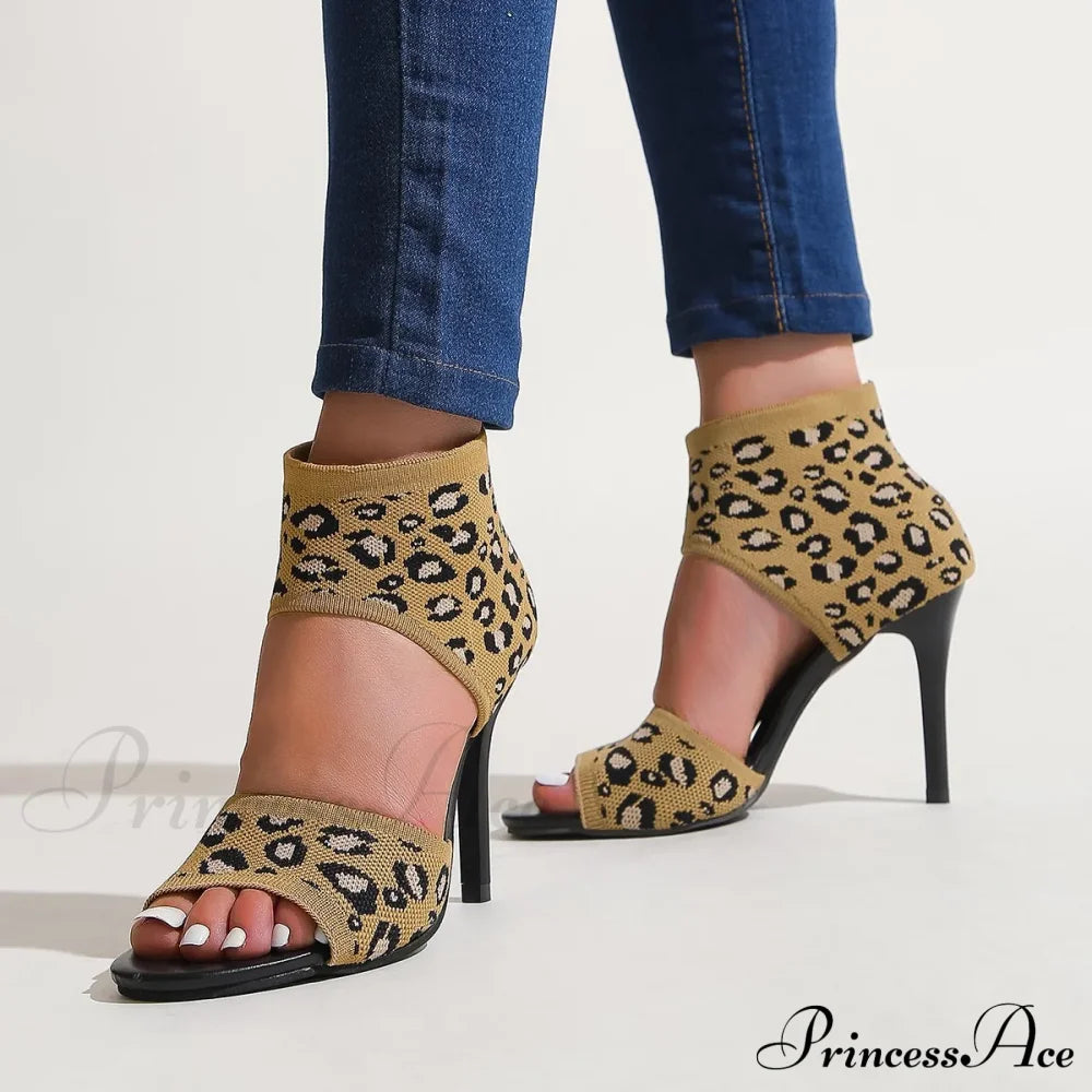 Hot 2024 Spring Summer Designer Knitted Open Toe Sexy Party Leopard Print Stilettos High Heel