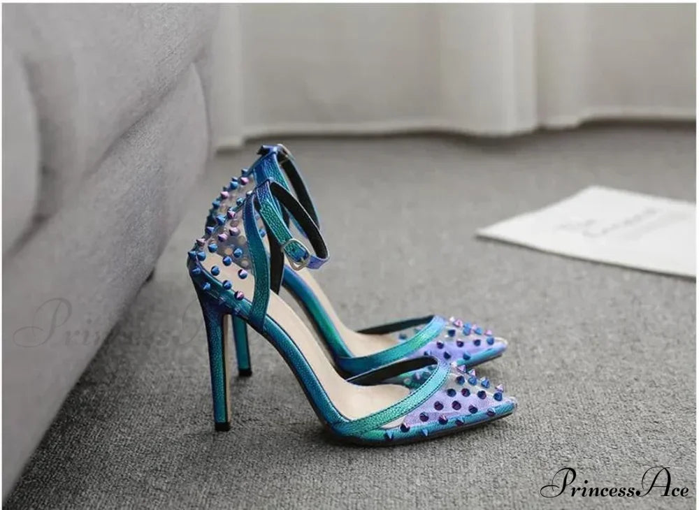 Hot Sexy Colorful Rivet Transparent Pvc Pumps Pointed Toebuckle Strap Cover Heel Ladies Party High