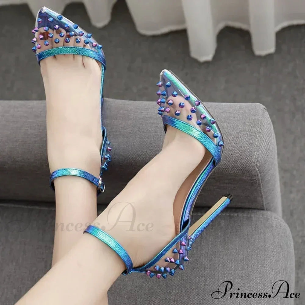 Hot Sexy Colorful Rivet Transparent Pvc Pumps Pointed Toebuckle Strap Cover Heel Ladies Party High