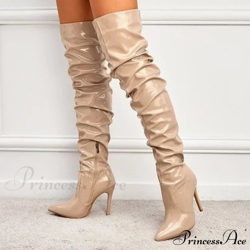 Hot Sexy Modern Boots Autumn Winter Patent Leather Elastic Over-The-Knee Slim Pointed Toe Zip Thigh