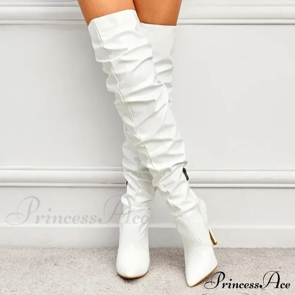 Hot Sexy Modern Boots Autumn Winter Patent Leather Elastic Over-The-Knee Slim Pointed Toe Zip Thigh