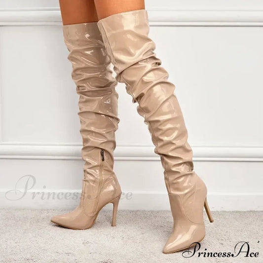 Hot Sexy Modern Boots Autumn Winter Patent Leather Elastic Over-The-Knee Slim Pointed Toe Zip Thigh