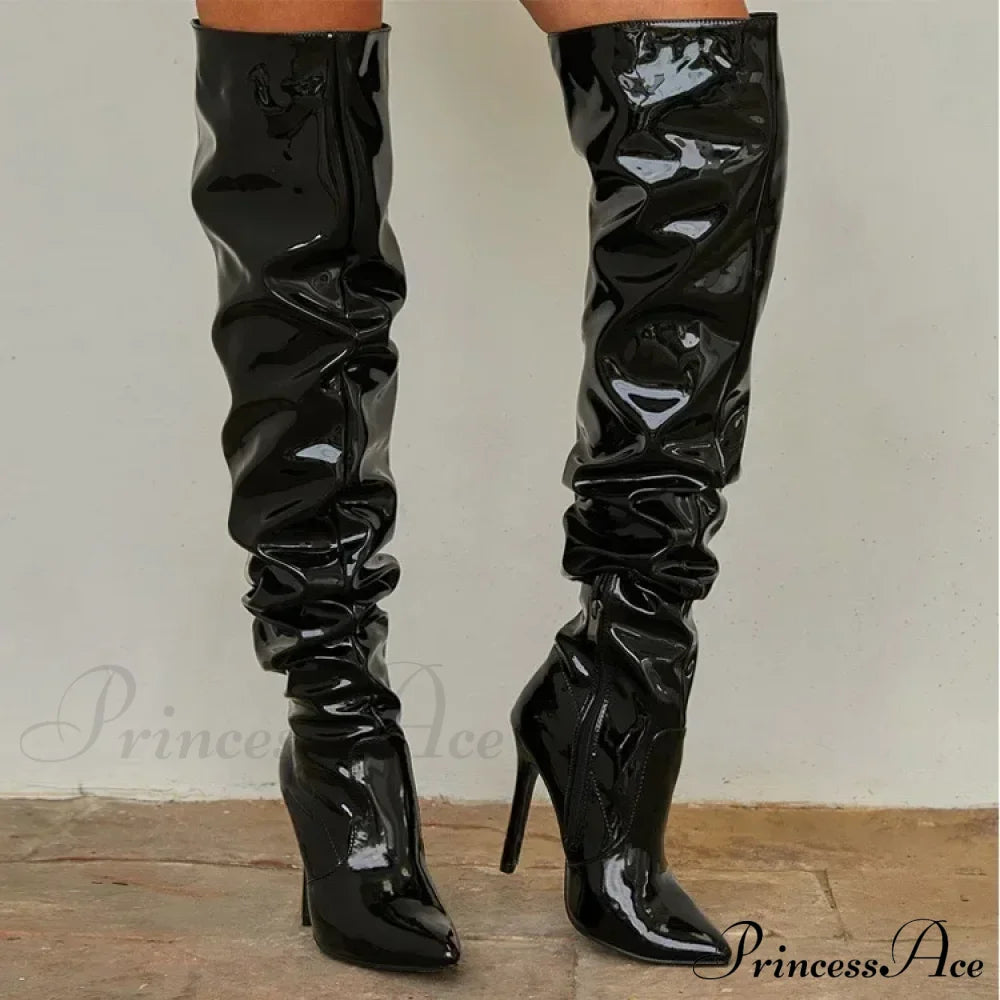 Hot Sexy Modern Boots Autumn Winter Patent Leather Elastic Over-The-Knee Slim Pointed Toe Zip Thigh