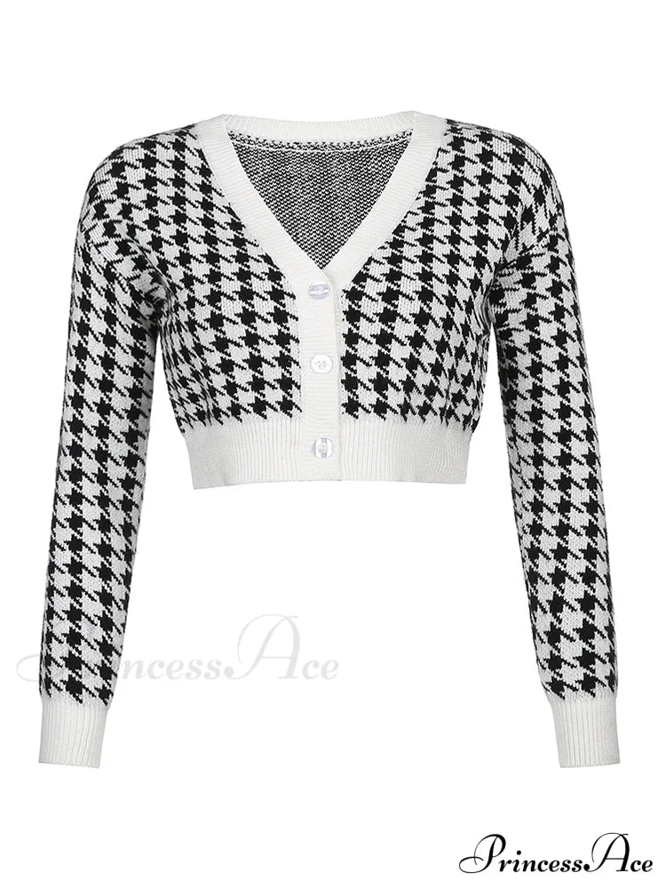 Houndstooth Print Vintage Cropped Cardigan