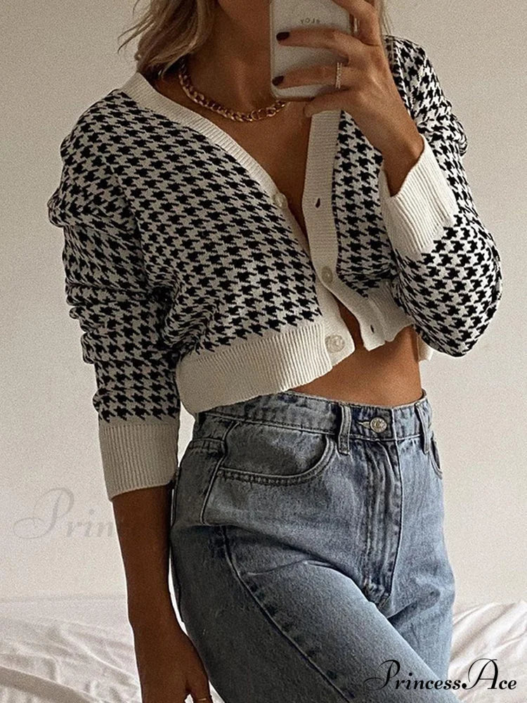 Houndstooth Print Vintage Cropped Cardigan