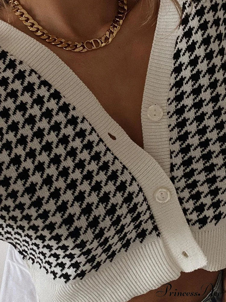 Houndstooth Print Vintage Cropped Cardigan