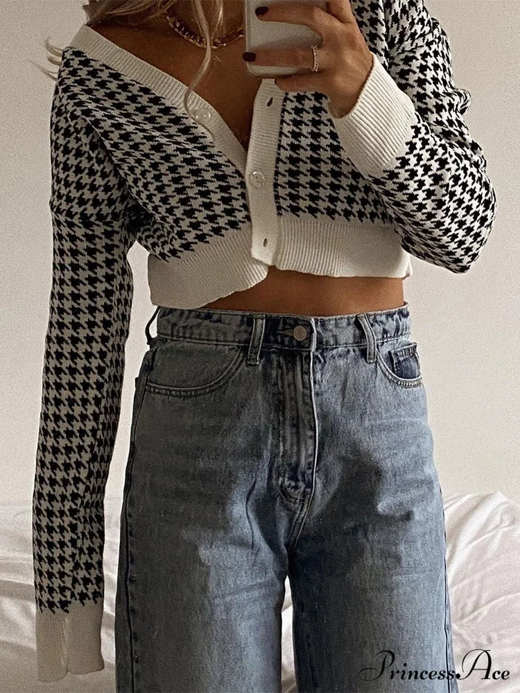 Houndstooth Print Vintage Cropped Cardigan White / S