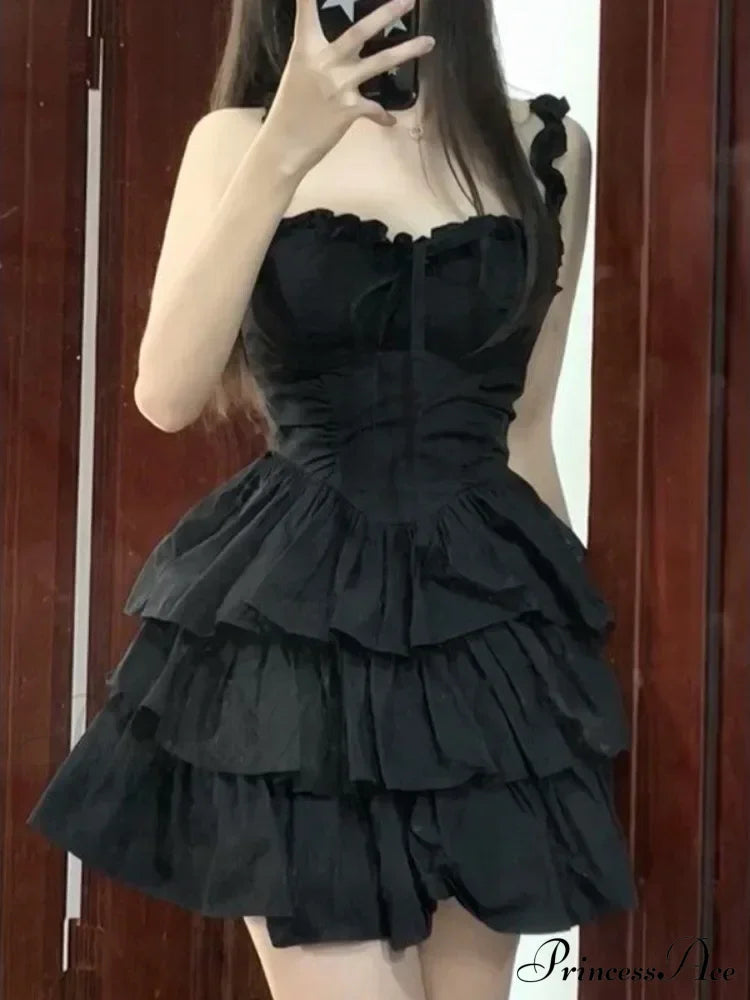 Hrajuku Goth Lolita Kawaii Cute Black Ruffles Soft Girl Y2K Coquette 2024 Fashion Cake Party Short