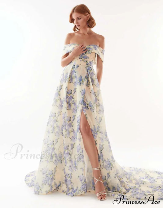 Hydrangea Chic Off-The-Shoulder Charming Floral Maxi Dress