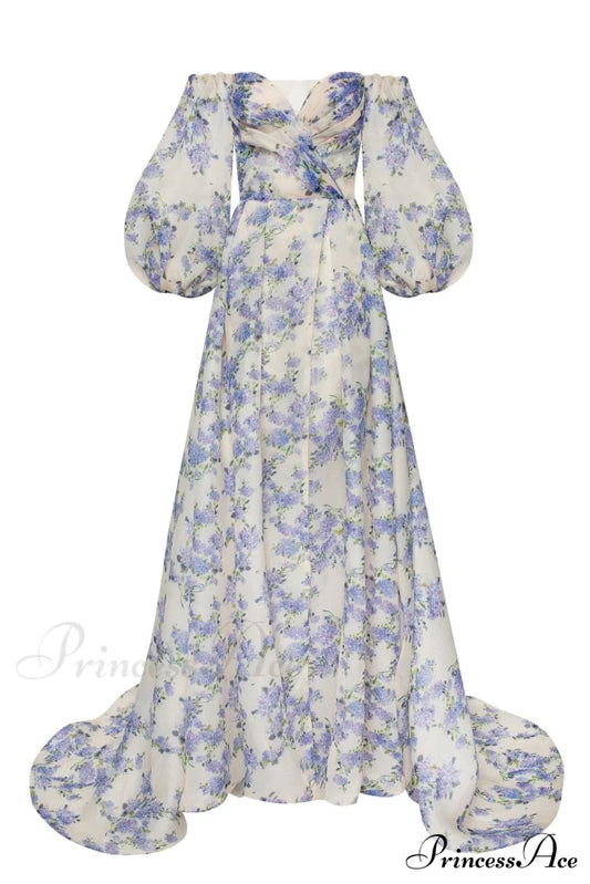 Hydrangea Elegant floral puff sleeve maxi dress - Milla