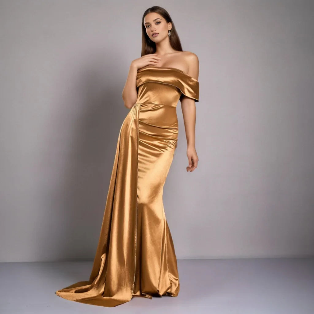 Ruched Long Satin Party Dress Gold / Xs Partydress-241208