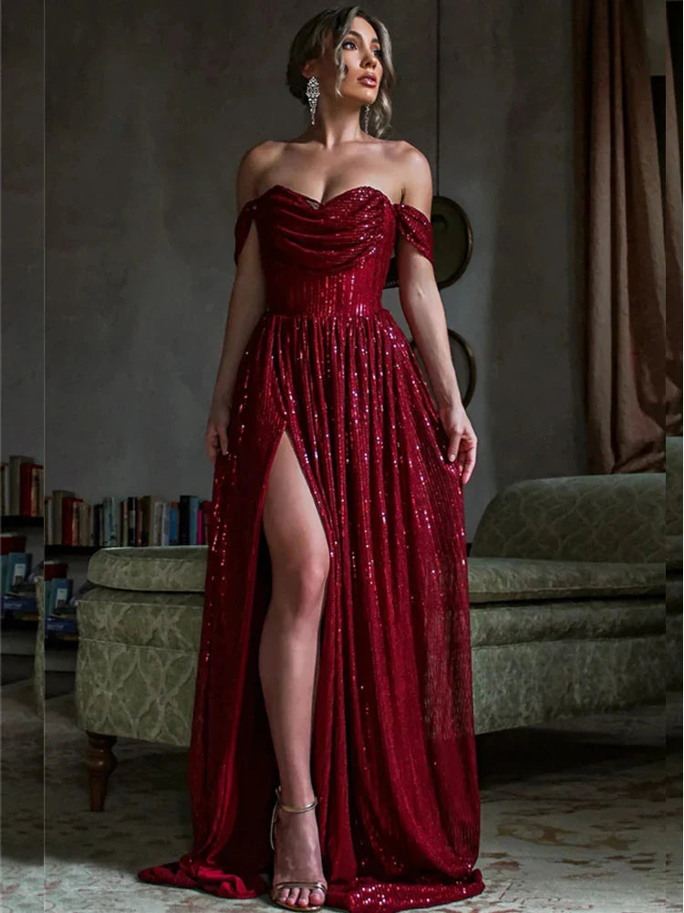 Off-Shoulder Ruched Sequin Party Dress Partydress-241208