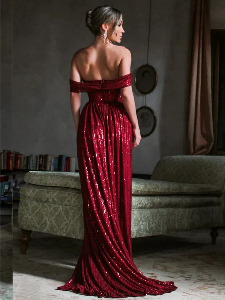 Off-Shoulder Ruched Sequin Party Dress Partydress-241208