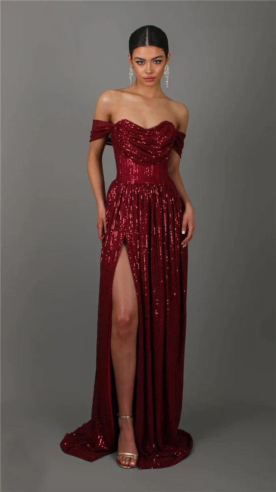 Off-Shoulder Ruched Sequin Party Dress Claret / S Partydress-241208