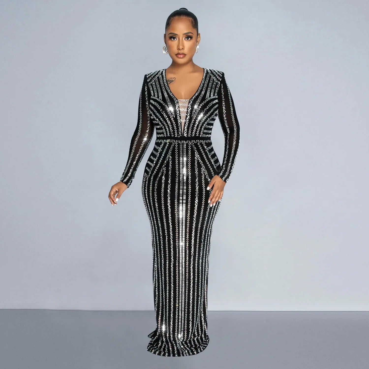 Crystal Rhinestone Long Party Dress Black / S Partydress-241208