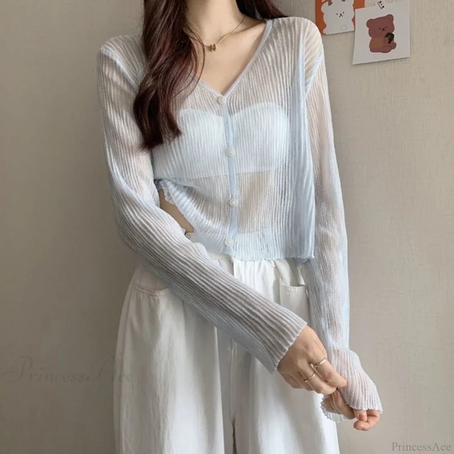 Ice Silk See-Through Thin Single Breasted Pink Knit Cardigan Blue / S cardiagn-250126