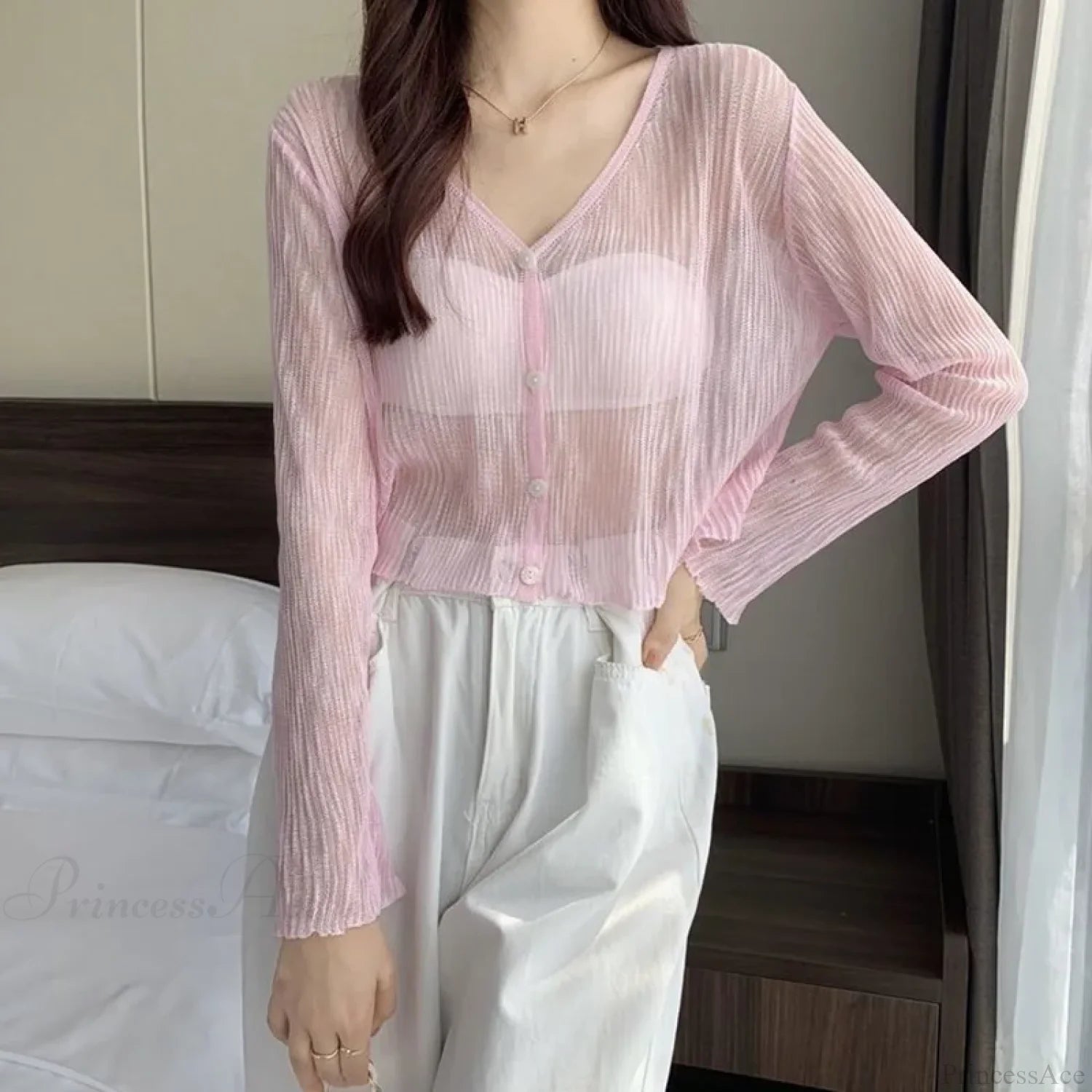 Ice Silk See-Through Thin Single Breasted Pink Knit Cardigan cardiagn-250126