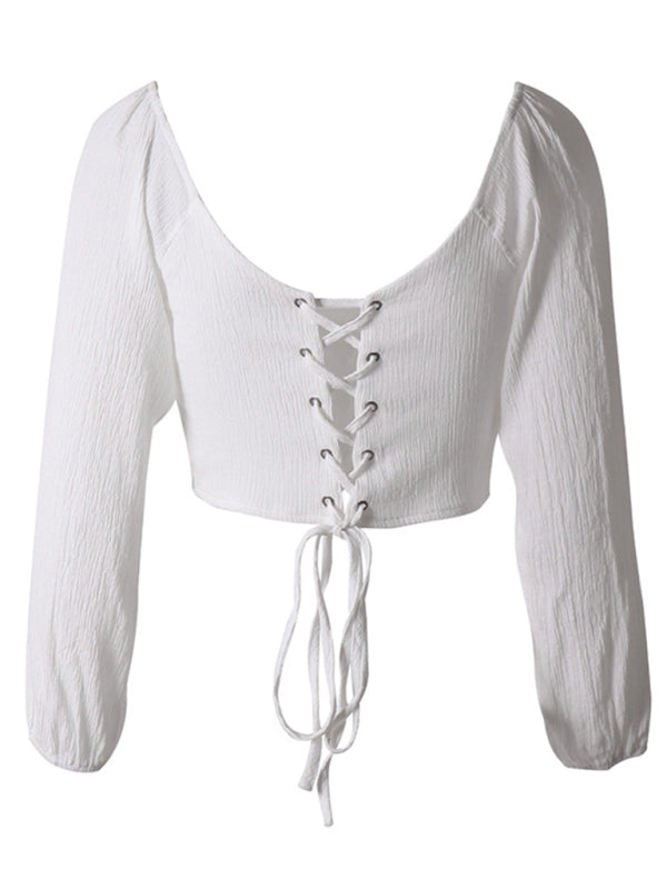 Long-Sleeved With Strap Crop Top V-Neck Women’s Tie