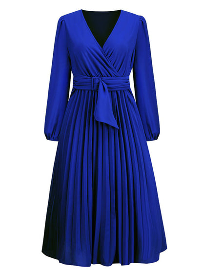 Full-Length Folded Belt Neck Long Waist Women's at Gown and V with Faux-wrap Sleeves