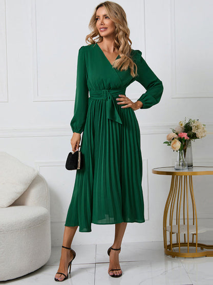 Full-Length Folded Belt Neck Long Waist Women's at Gown and V with Faux-wrap Sleeves