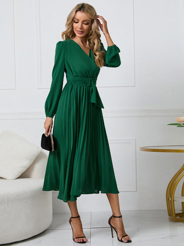 Full-Length Folded Belt Neck Long Waist Women's at Gown and V with Faux-wrap Sleeves