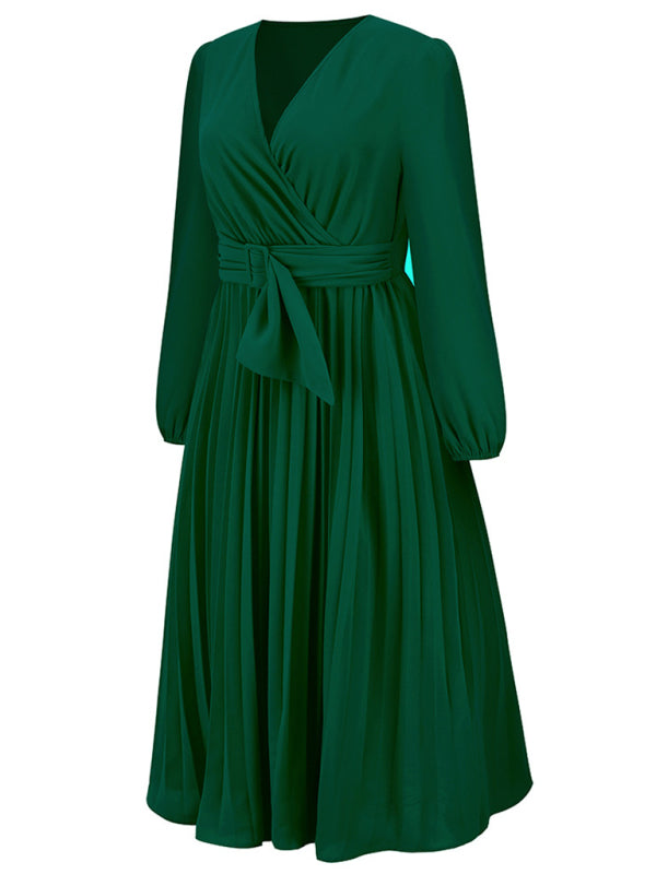 Full-Length Folded Belt Neck Long Waist Women's at Gown and V with Faux-wrap Sleeves