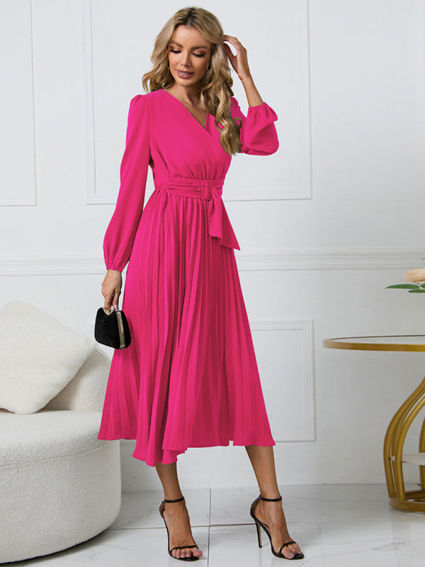 Full-Length Folded Belt Neck Long Waist Women's at Gown and V with Faux-wrap Sleeves