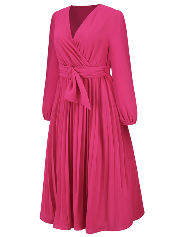 Full-Length Folded Belt Neck Long Waist Women's at Gown and V with Faux-wrap Sleeves