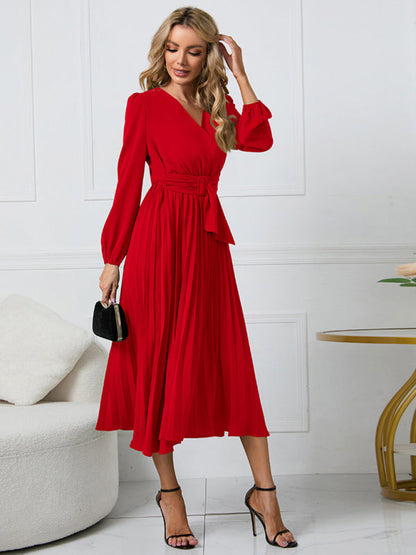 Full-Length Folded Belt Neck Long Waist Women's at Gown and V with Faux-wrap Sleeves