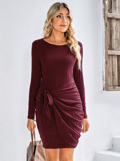 Gown Solid Rib-knit Mini Front Neck for Crew Color Tie Women