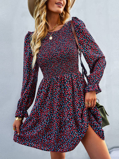 Gown Neck and for Spring A-Line Flowered Skirt Round Long-Sleeved - Summer