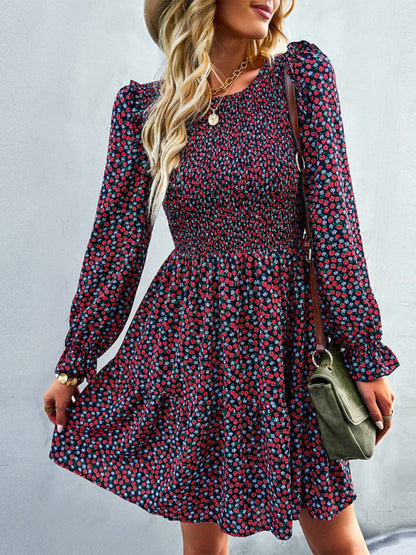 Gown Neck and for Spring A-Line Flowered Skirt Round Long-Sleeved - Summer