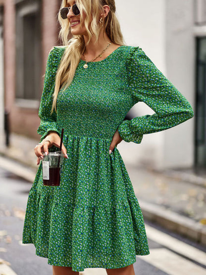 Gown Neck and for Spring A-Line Flowered Skirt Round Long-Sleeved - Summer