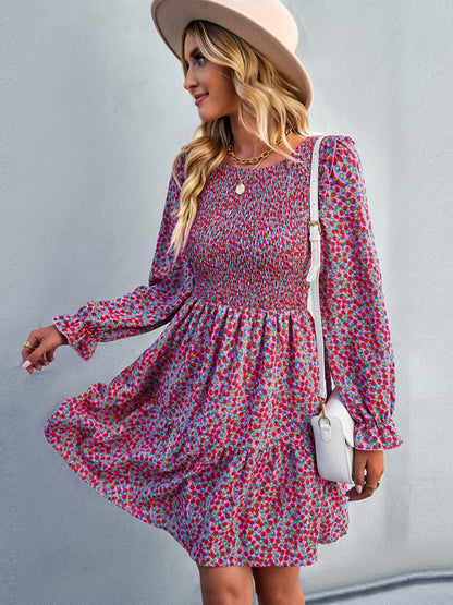 Gown Neck and for Spring A-Line Flowered Skirt Round Long-Sleeved - Summer