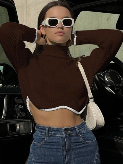 Women's turtleneck short sweater with irregular hem, crop top long sleeve turtle neck top Coffe Clothes crop top long sleeve shirts long sleeve top shirts Sweater sweaters