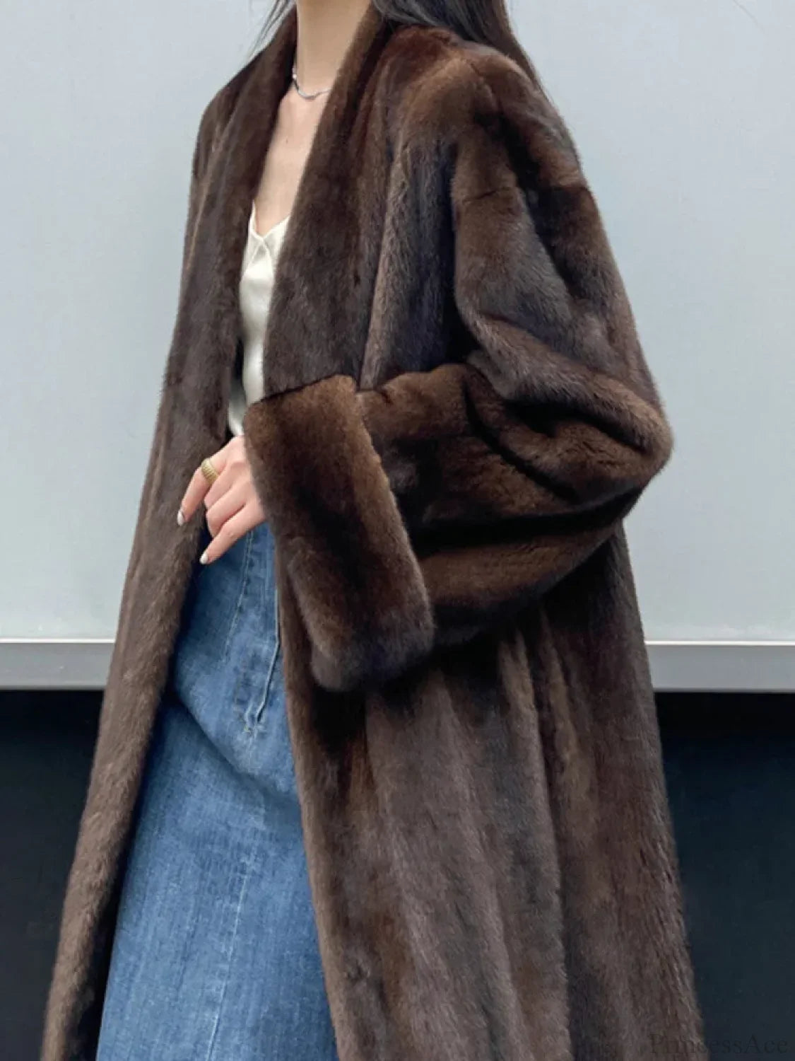 Imitation Mink Lapel Full Sleeve Overcoat