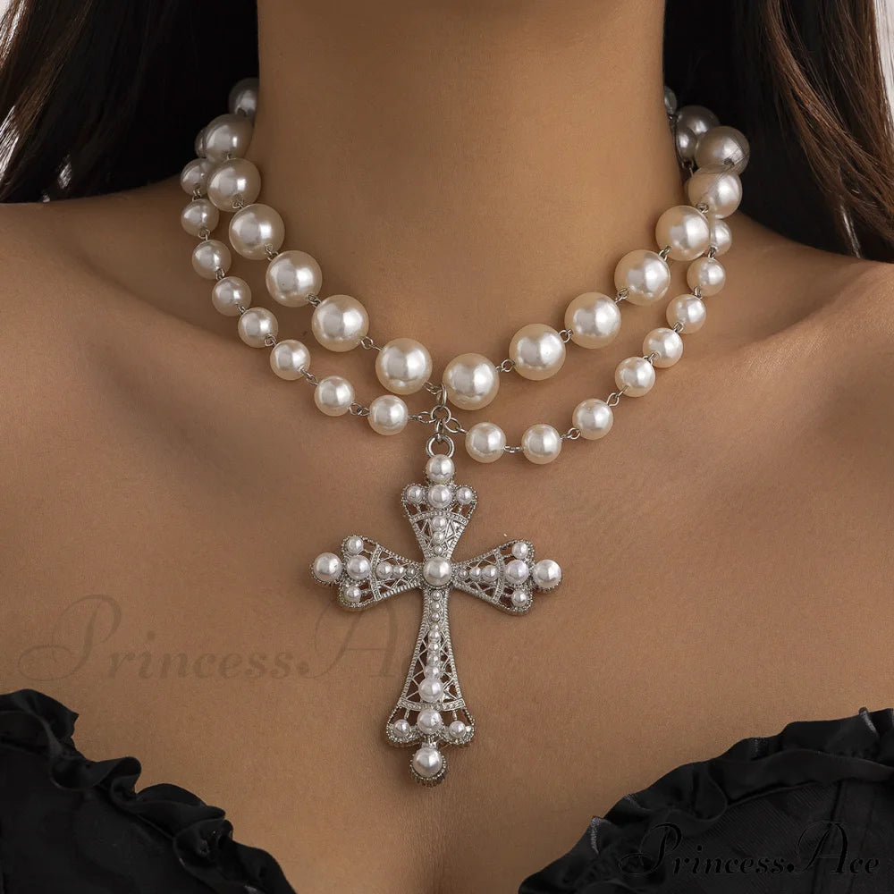 Imitation Pearl Cross Gothic Pendant Necklace Halloween