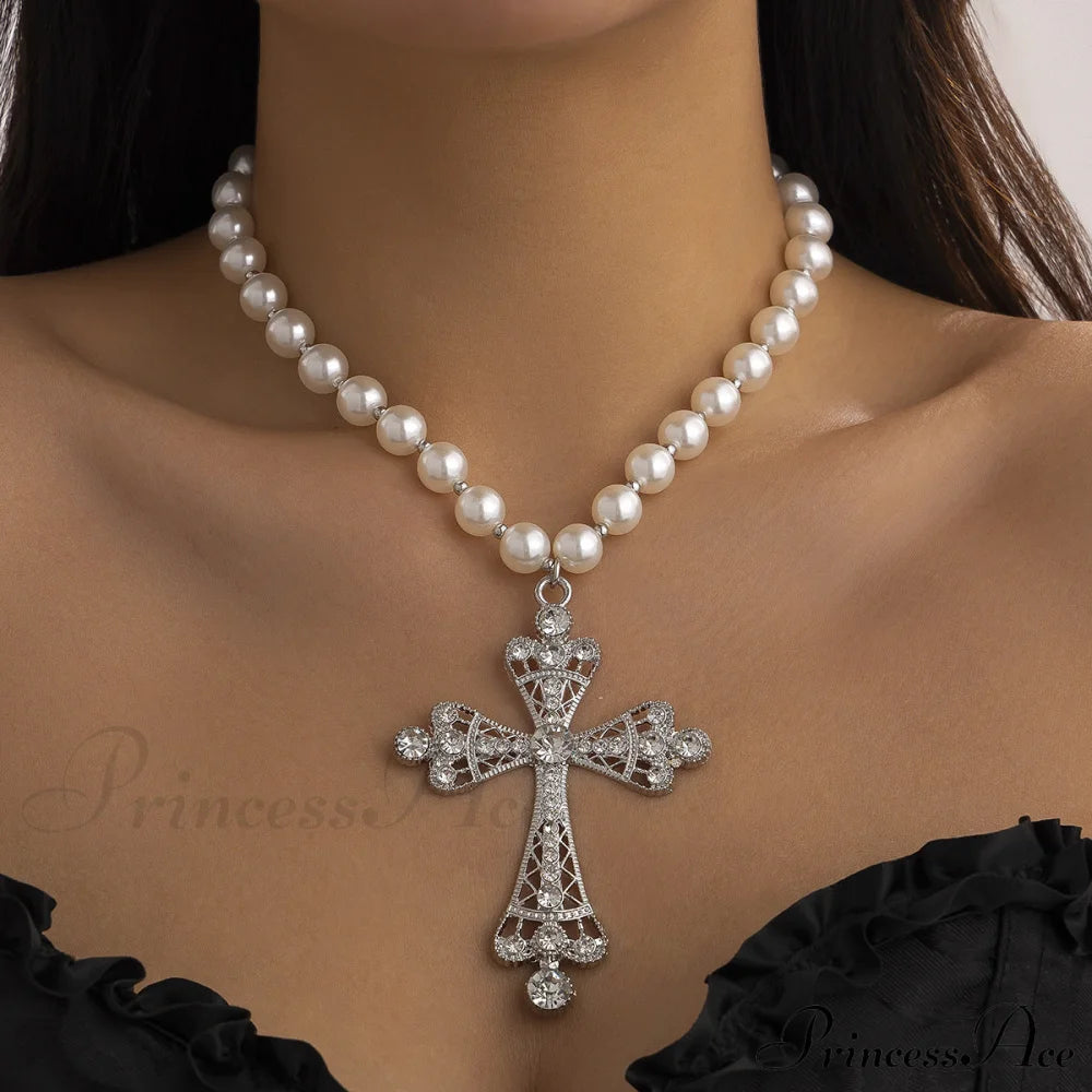 Imitation Pearl Cross Gothic Pendant Necklace Silver Halloween