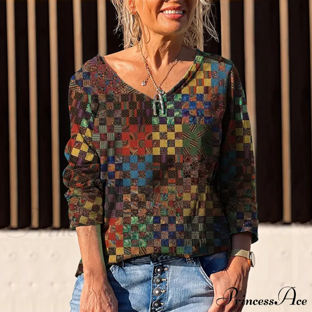 In Colorful T-Shirt Plaid Casual Design Blouses