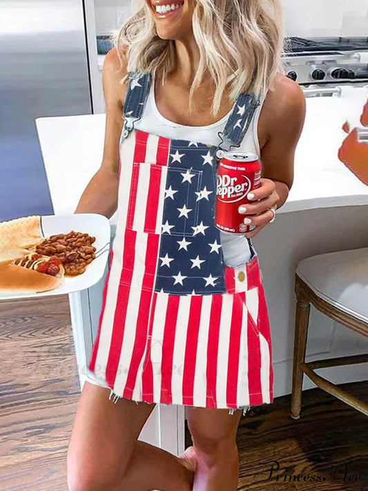 Independence Day Flag Print Graceful Pocket Strap Mini Dress Red / S Dresses