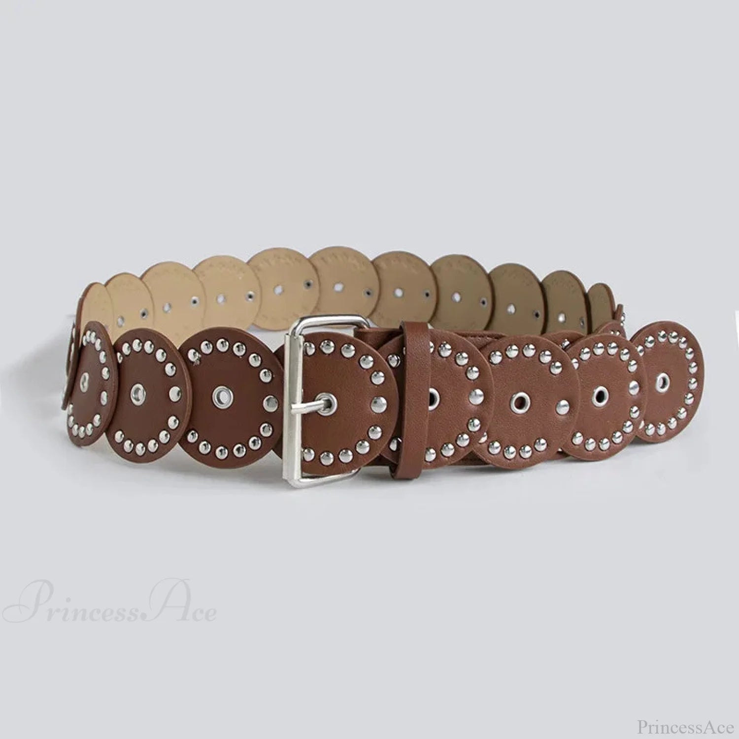 Individual Gothic Circular Rivet Waist Belt Brown / 110cm