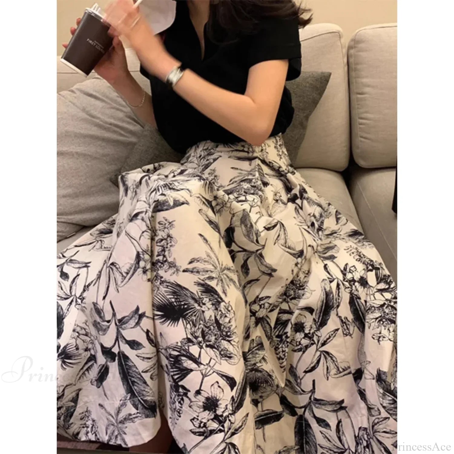 Ink Painting Skirt Women Autumn Winter High Waist Swing Skirt