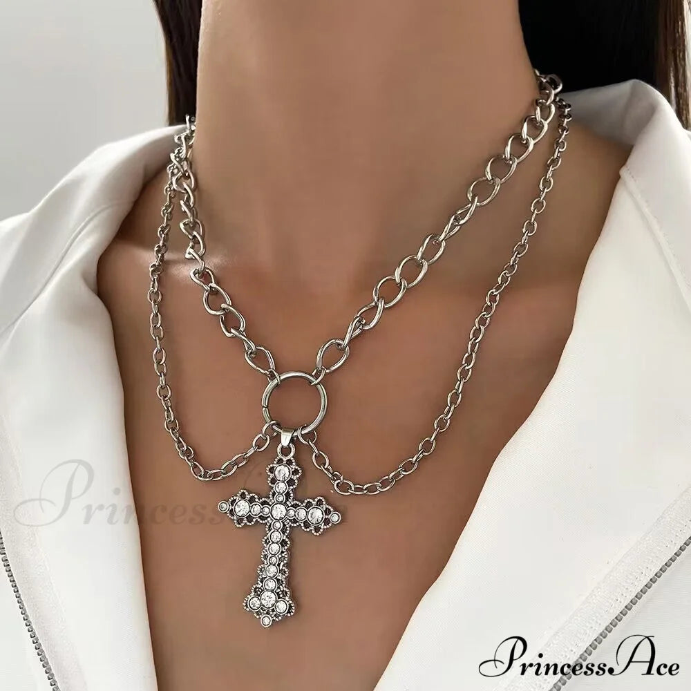 Ins Alloy Vintage Diamond Cross Pendant Necklace Halloween