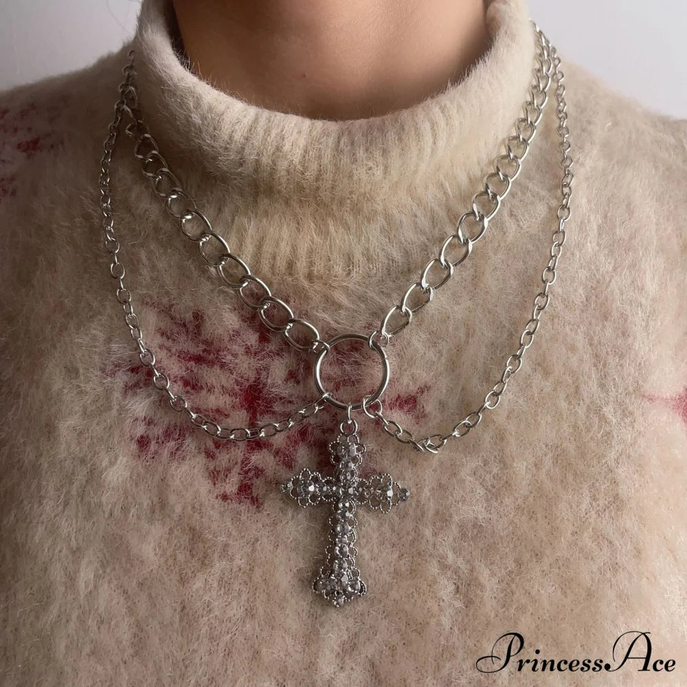 Ins Alloy Vintage Diamond Cross Pendant Necklace Halloween